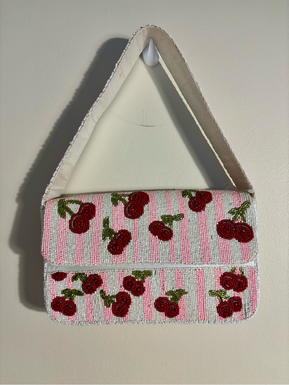 NWOT VIRAL BEADED BAG Cherry Stripe Pattern Handmade Shoulder Bag - Pink/Red